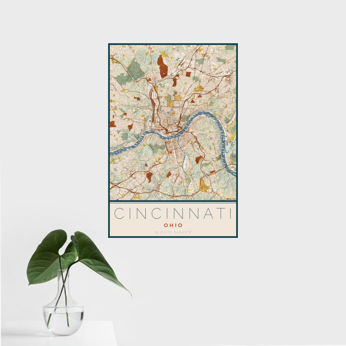 16x24 Cincinnati Ohio Map Print Portrait Orientation in Woodblock Style With Tropical Plant Leaves in Water