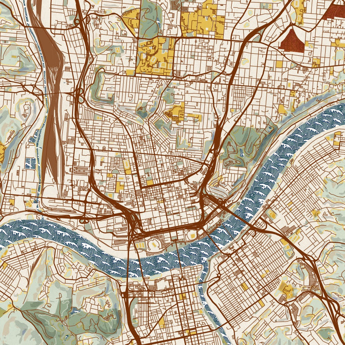 Cincinnati Ohio Map Print in Woodblock Style Zoomed In Close Up Showing Details