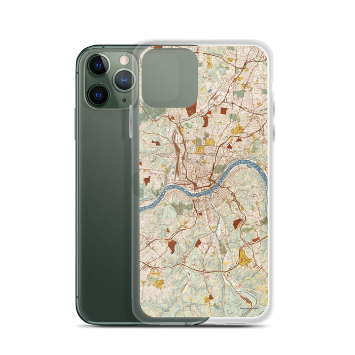 Custom Cincinnati Ohio Map Phone Case in Woodblock on Table with Laptop and Plant