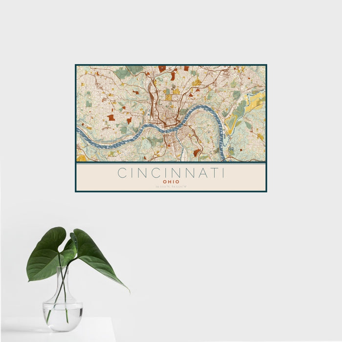 16x24 Cincinnati Ohio Map Print Landscape Orientation in Woodblock Style With Tropical Plant Leaves in Water