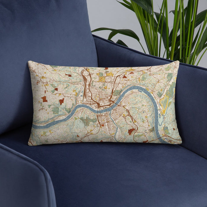Custom Cincinnati Ohio Map Throw Pillow in Woodblock on Blue Colored Chair
