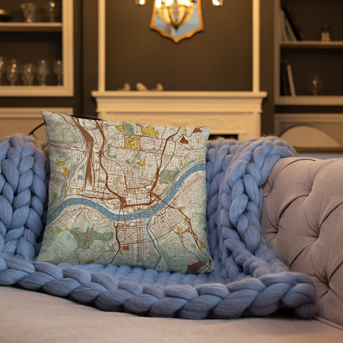 Custom Cincinnati Ohio Map Throw Pillow in Woodblock on Cream Colored Couch