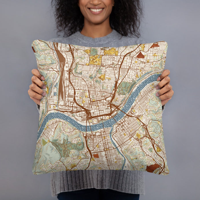 Person holding 18x18 Custom Cincinnati Ohio Map Throw Pillow in Woodblock
