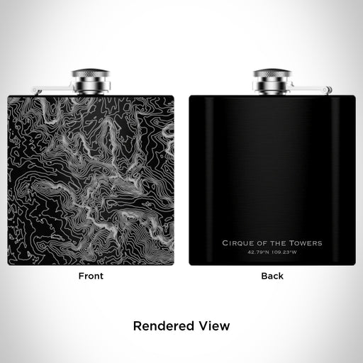 Rendered View of Cirque of the Towers Wyoming Map Engraving on 6oz Stainless Steel Flask in Black
