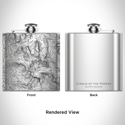 Rendered View of Cirque of the Towers Wyoming Map Engraving on 6oz Stainless Steel Flask