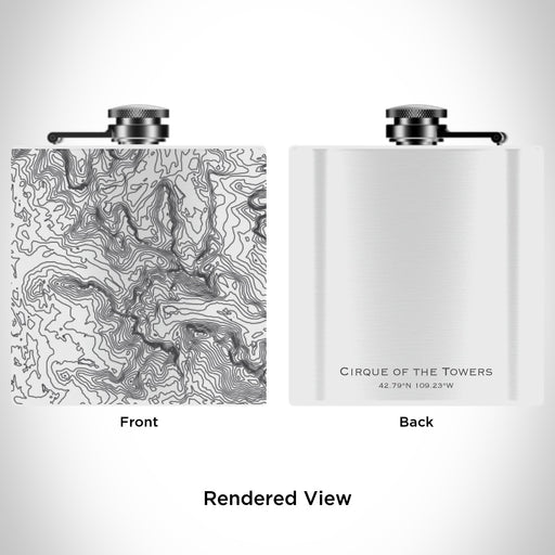 Rendered View of Cirque of the Towers Wyoming Map Engraving on 6oz Stainless Steel Flask in White