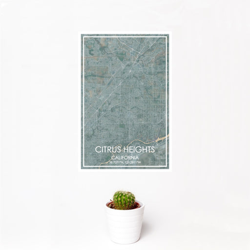 12x18 Citrus Heights California Map Print Portrait Orientation in Afternoon Style With Small Cactus Plant in White Planter