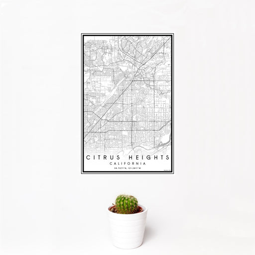 12x18 Citrus Heights California Map Print Portrait Orientation in Classic Style With Small Cactus Plant in White Planter