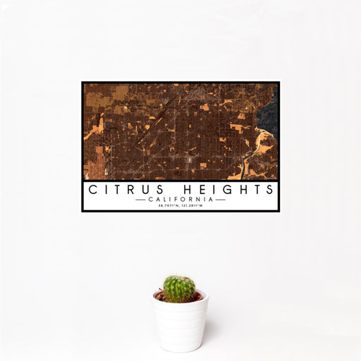12x18 Citrus Heights California Map Print Landscape Orientation in Ember Style With Small Cactus Plant in White Planter
