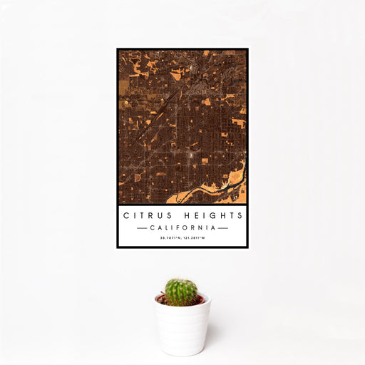12x18 Citrus Heights California Map Print Portrait Orientation in Ember Style With Small Cactus Plant in White Planter