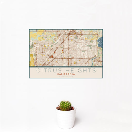 12x18 Citrus Heights California Map Print Landscape Orientation in Woodblock Style With Small Cactus Plant in White Planter