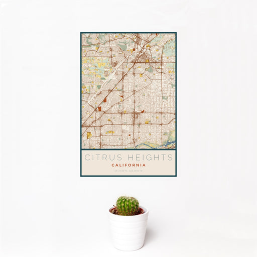 12x18 Citrus Heights California Map Print Portrait Orientation in Woodblock Style With Small Cactus Plant in White Planter