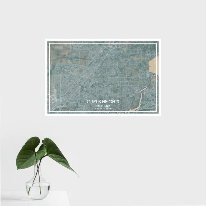 16x24 Citrus Heights California Map Print Landscape Orientation in Afternoon Style With Tropical Plant Leaves in Water