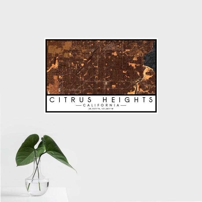 16x24 Citrus Heights California Map Print Landscape Orientation in Ember Style With Tropical Plant Leaves in Water