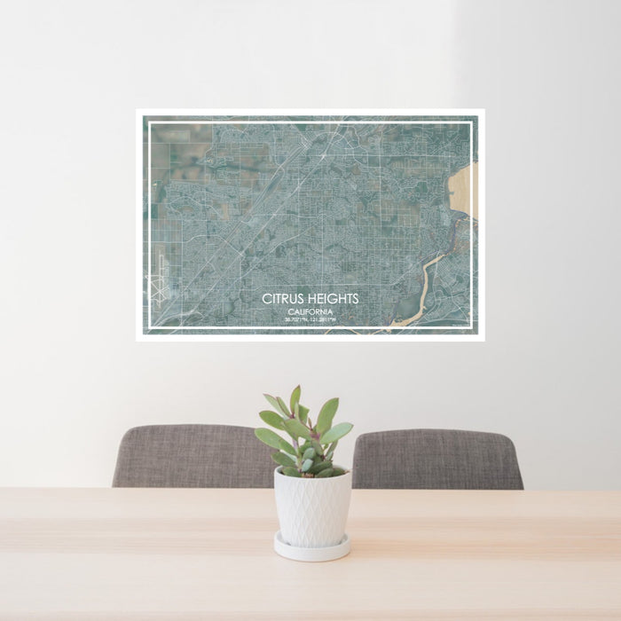 24x36 Citrus Heights California Map Print Lanscape Orientation in Afternoon Style Behind 2 Chairs Table and Potted Plant