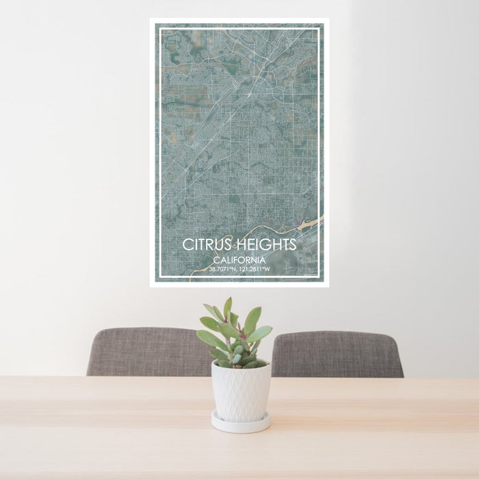 24x36 Citrus Heights California Map Print Portrait Orientation in Afternoon Style Behind 2 Chairs Table and Potted Plant