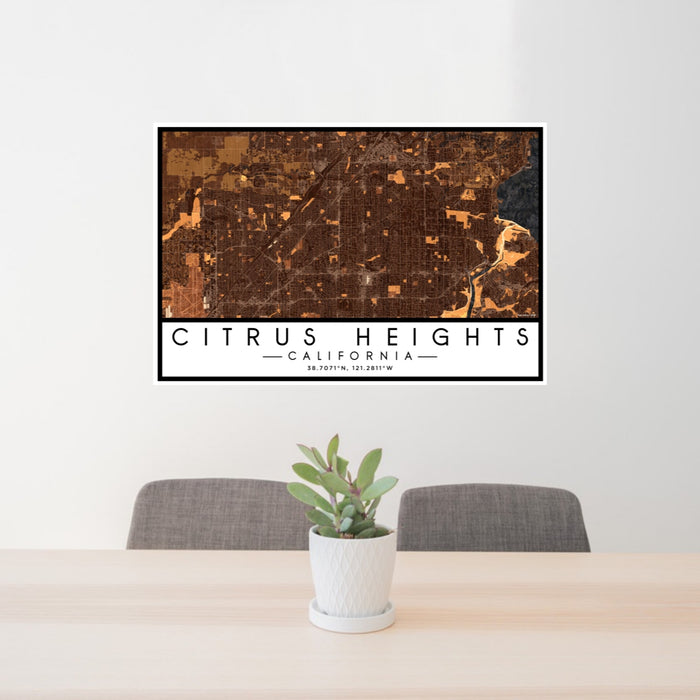 24x36 Citrus Heights California Map Print Lanscape Orientation in Ember Style Behind 2 Chairs Table and Potted Plant