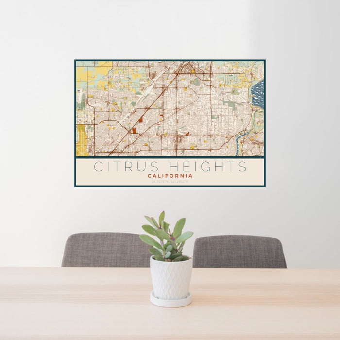 24x36 Citrus Heights California Map Print Lanscape Orientation in Woodblock Style Behind 2 Chairs Table and Potted Plant