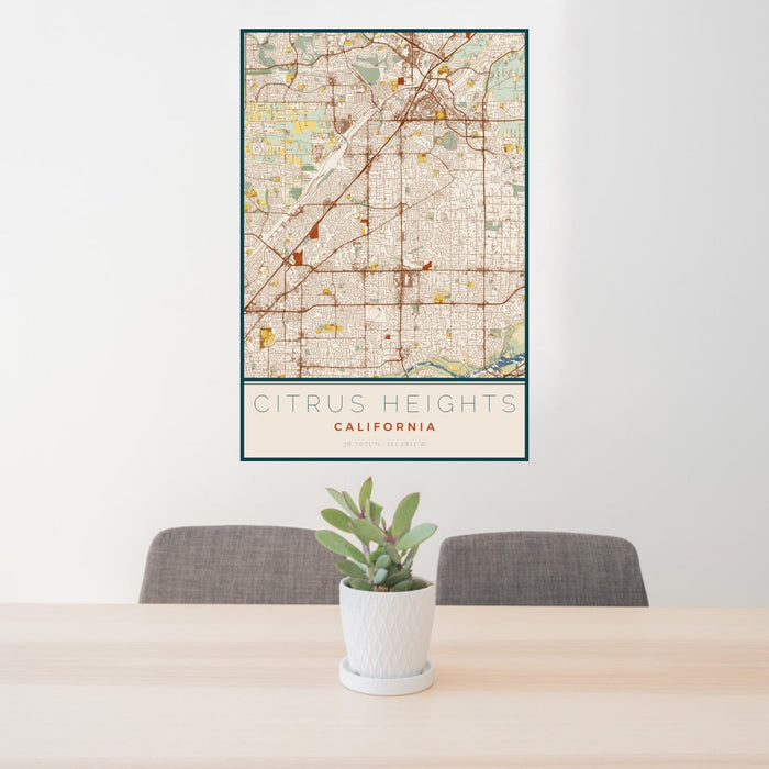 24x36 Citrus Heights California Map Print Portrait Orientation in Woodblock Style Behind 2 Chairs Table and Potted Plant