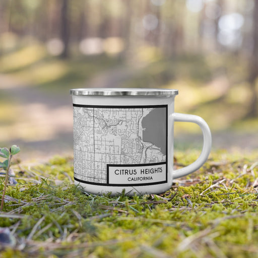 Right View Custom Citrus Heights California Map Enamel Mug in Classic on Grass With Trees in Background