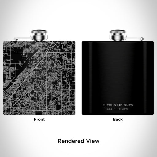 Rendered View of Citrus Heights California Map Engraving on 6oz Stainless Steel Flask in Black