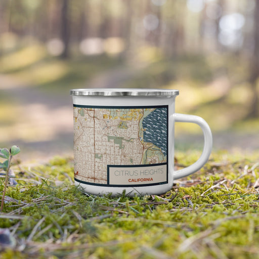 Right View Custom Citrus Heights California Map Enamel Mug in Woodblock on Grass With Trees in Background