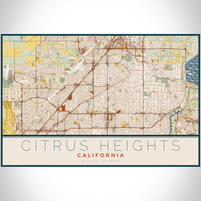Citrus Heights California Map Print Landscape Orientation in Woodblock Style With Shaded Background