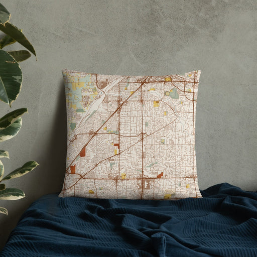 Custom Citrus Heights California Map Throw Pillow in Woodblock on Bedding Against Wall