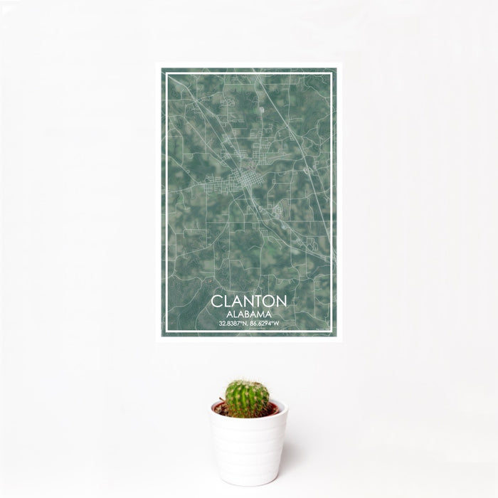 12x18 Clanton Alabama Map Print Portrait Orientation in Afternoon Style With Small Cactus Plant in White Planter