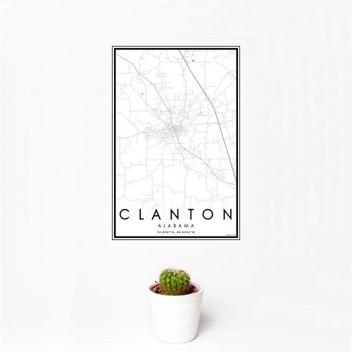 12x18 Clanton Alabama Map Print Portrait Orientation in Classic Style With Small Cactus Plant in White Planter