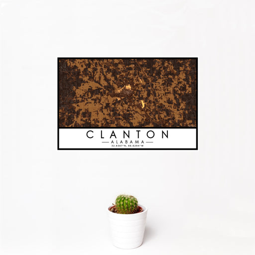 12x18 Clanton Alabama Map Print Landscape Orientation in Ember Style With Small Cactus Plant in White Planter