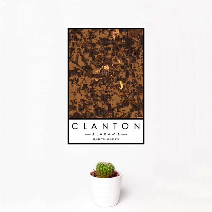 12x18 Clanton Alabama Map Print Portrait Orientation in Ember Style With Small Cactus Plant in White Planter