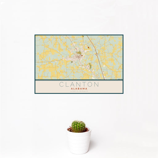 12x18 Clanton Alabama Map Print Landscape Orientation in Woodblock Style With Small Cactus Plant in White Planter