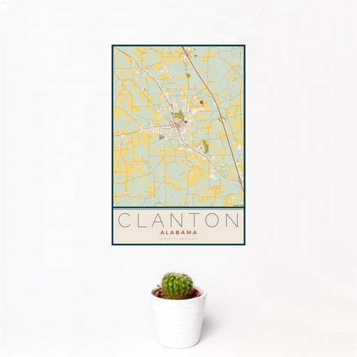 12x18 Clanton Alabama Map Print Portrait Orientation in Woodblock Style With Small Cactus Plant in White Planter