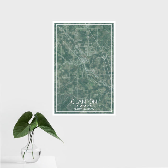 16x24 Clanton Alabama Map Print Portrait Orientation in Afternoon Style With Tropical Plant Leaves in Water