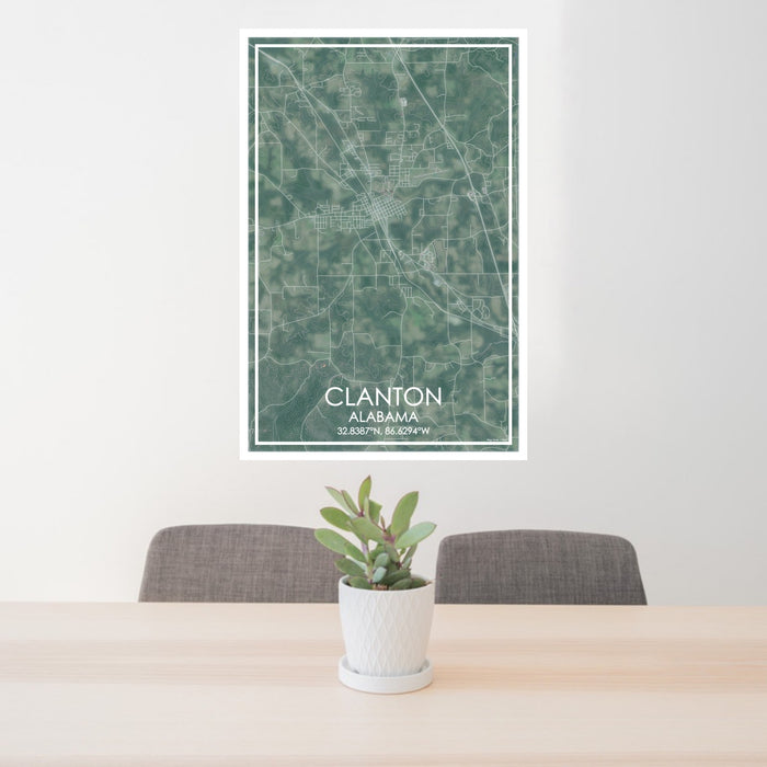 24x36 Clanton Alabama Map Print Portrait Orientation in Afternoon Style Behind 2 Chairs Table and Potted Plant