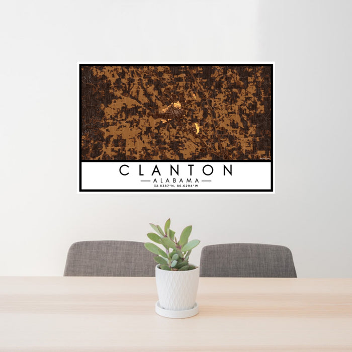 24x36 Clanton Alabama Map Print Lanscape Orientation in Ember Style Behind 2 Chairs Table and Potted Plant
