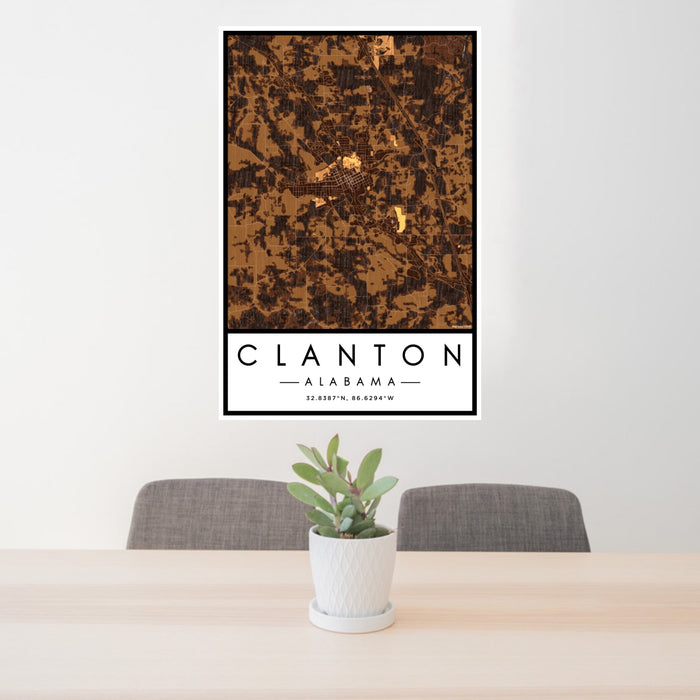 24x36 Clanton Alabama Map Print Portrait Orientation in Ember Style Behind 2 Chairs Table and Potted Plant