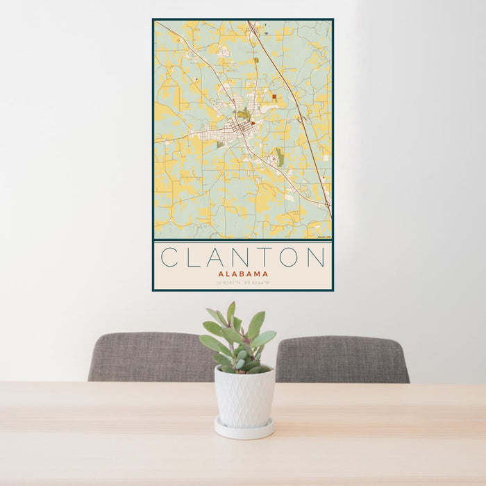 24x36 Clanton Alabama Map Print Portrait Orientation in Woodblock Style Behind 2 Chairs Table and Potted Plant