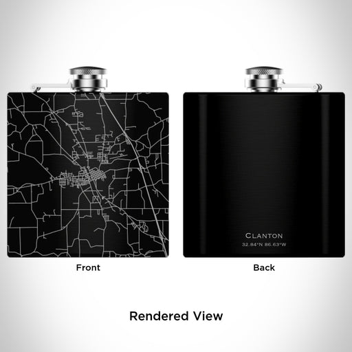 Rendered View of Clanton Alabama Map Engraving on 6oz Stainless Steel Flask in Black