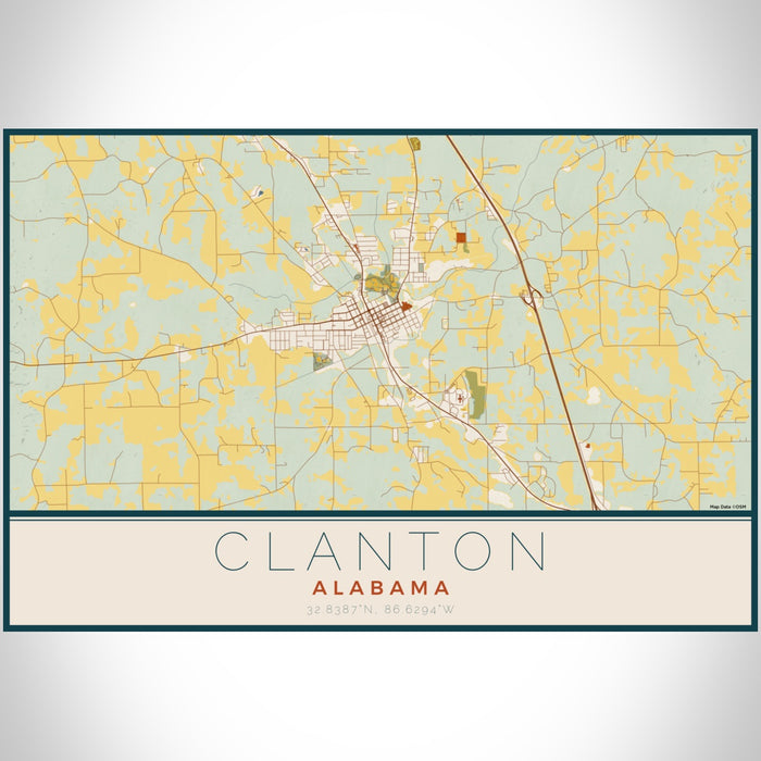 Clanton Alabama Map Print Landscape Orientation in Woodblock Style With Shaded Background