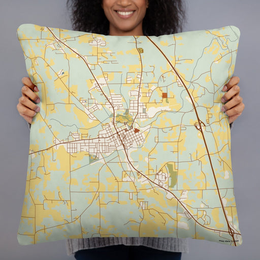 Person holding 22x22 Custom Clanton Alabama Map Throw Pillow in Woodblock