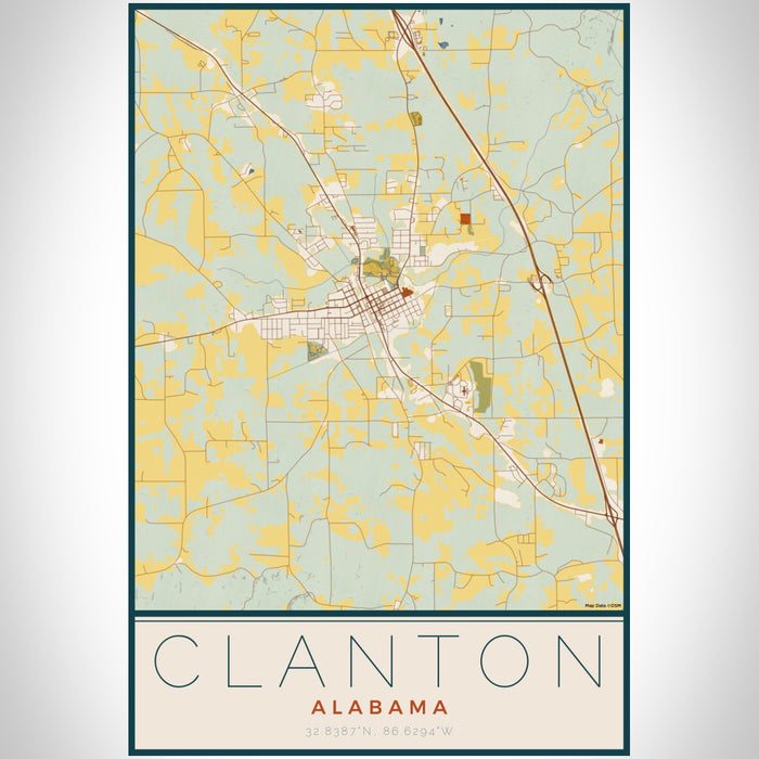 Clanton Alabama Map Print Portrait Orientation in Woodblock Style With Shaded Background