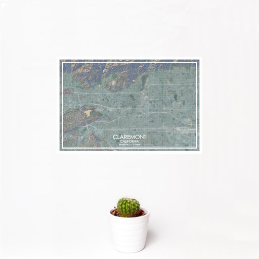 12x18 Claremont California Map Print Landscape Orientation in Afternoon Style With Small Cactus Plant in White Planter