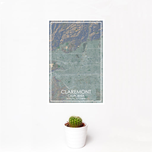 12x18 Claremont California Map Print Portrait Orientation in Afternoon Style With Small Cactus Plant in White Planter