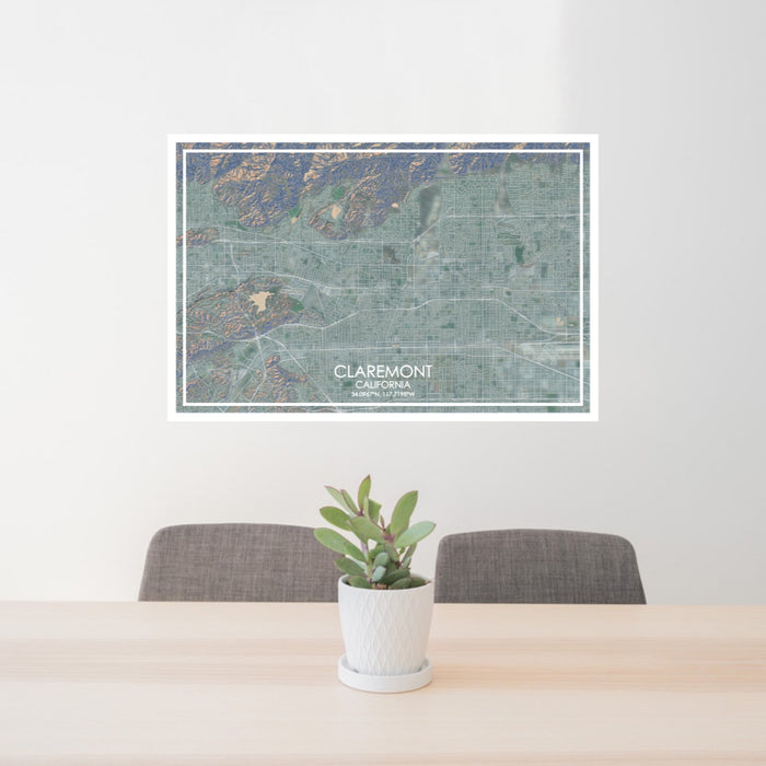 24x36 Claremont California Map Print Lanscape Orientation in Afternoon Style Behind 2 Chairs Table and Potted Plant