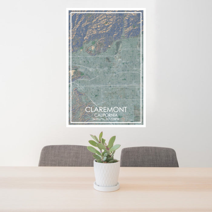 24x36 Claremont California Map Print Portrait Orientation in Afternoon Style Behind 2 Chairs Table and Potted Plant