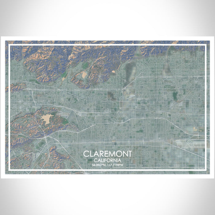 Claremont California Map Print Landscape Orientation in Afternoon Style With Shaded Background