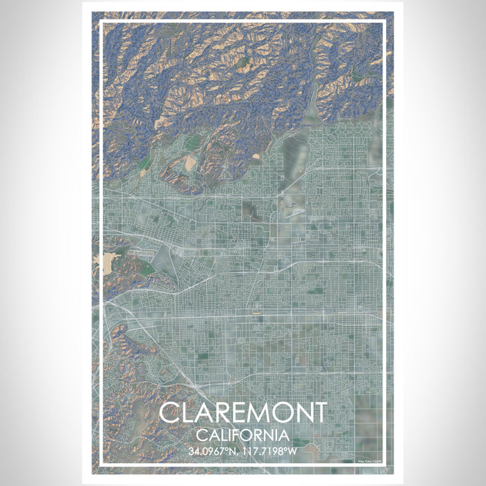 Claremont California Map Print Portrait Orientation in Afternoon Style With Shaded Background