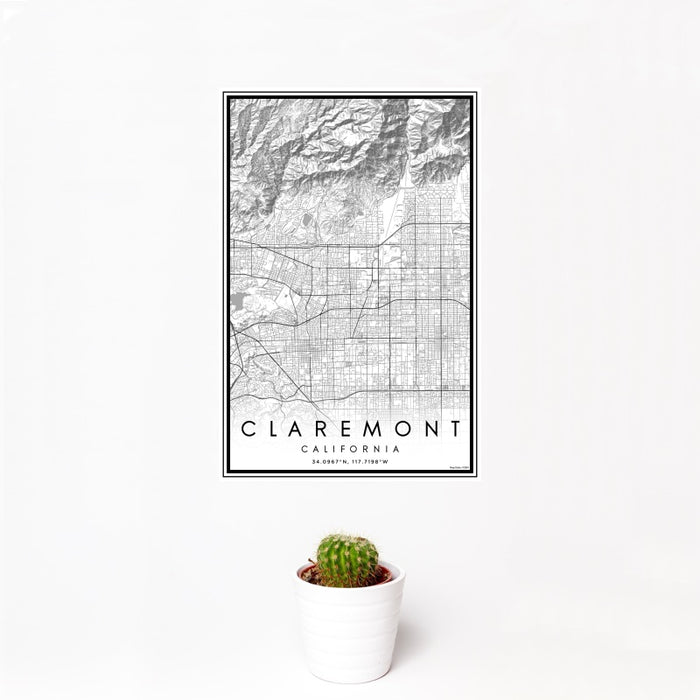 12x18 Claremont California Map Print Portrait Orientation in Classic Style With Small Cactus Plant in White Planter